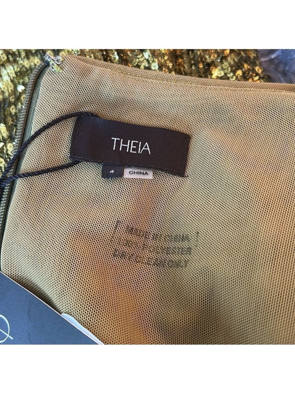 Theia Green Sequin Mesh Faux Wrap MIDI Dress 3/4 Length Sleeve Size 4 NWT - Picture 10 of 12